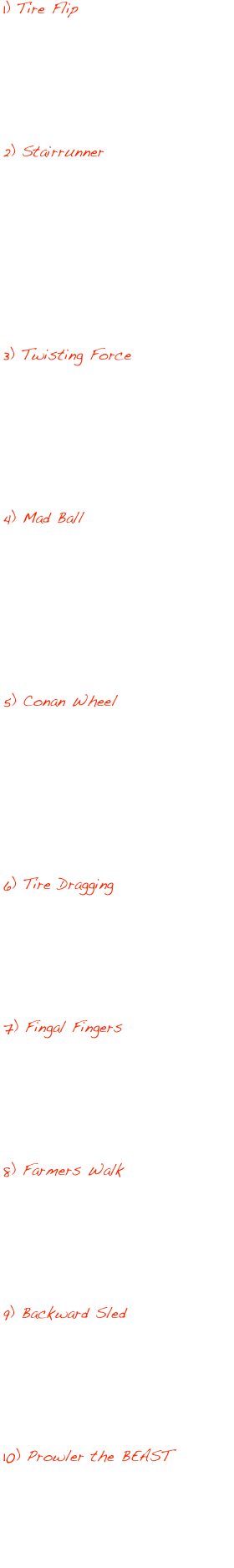 1) Tire Flip
Ein Reifen mit einem Gewicht von 250 kg muss so oft wie möglich angehoben und gedreht werden. Pro Umdrehung wird das Gewicht des Reifen gewertet.

2) Stairrunner
Eine Treppe mit 15 Stufen muss mit je einem Reifen rechts und links mit 15 kg Gewicht möglichst oft hoch gelaufen werden. Die Reifen werden von oben in Container geworfen. Gewertet wird das Gewicht der Summe abgeworfener Reifen.

3) Twisting Force
An einer drehbaren Aufhängung muss ein Gewicht von 30 kg möglichst oft auf eine Höhe von 1,5 Meter aufgerollt werden. Gewertet wird die Anzahl mal Gewicht.

4) Mad Ball 
Ein Medizinball mit einem Gewicht von 6 kg muss so oft wie möglich von der Brust an eine Wand gestoßen werden. Nach jeder Wiederholung muss der Ball die Brust berühren. Gewertet wird die Anzahl mal Gewicht.

5) Conan Wheel
Ein Baumstamm welcher auf einer Seite gelagert ist und durch Zulage von Stahlketten  ein Gewicht von 136 kg hat muss um den Lagerpunkt gedreht werden. Gewertet wird das Gewicht je Umdrehung. 

6) Tire Dragging
Ein Reifen mit einem Gewicht von 80 kg muss an einem Hanfseil so weit wie möglich gezogen werden. Gewertet wird das Gewicht je gezogener Meter.

7) Fingal Fingers
Ein am Boden liegender Baumstamm mit einem Gewicht von 80 kg muss angehoben und umgestoßen werden. Gewertet wird das Gewicht des Stammes mal Anzahl

8) Farmers Walk
Zwei Eisenbahnschwellen mit einem Gewicht von jeweils 55 kg müssen so weit wie möglich getragen werden. Gewertet wird das Gewicht mal geschaffte 10 Meter.

9) Backward Sled
Ein Gewichtsschlitten mit einem Gewicht von 99 kg muss rückwärts so weit wie möglich gezogen werden. Gewertet wird das Gewicht mal geschaffte 10 Meter

10) Prowler the BEAST
Ein Gewichtsschlitten mit einem Gewicht von 66 kg muss vorwärts so weit wie möglich geschoben werden. Gewertet wird das Gewicht mal geschaffte 10 Meter.